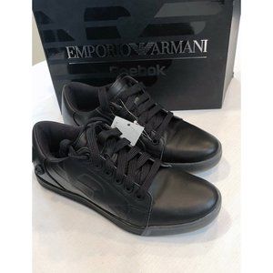 NEW REEBOK x EMPORIO ARMANI The Pump Black Leather Sneakers Rare Women 8 Men 6.5